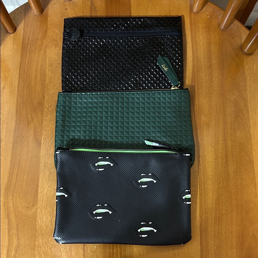 Ipsy Glamorous Faux Leather Cosmetic Bags. Black, green & black/green. Set of 3